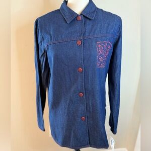 C.M. Shapes Petites boho floral denim button up SZ SP